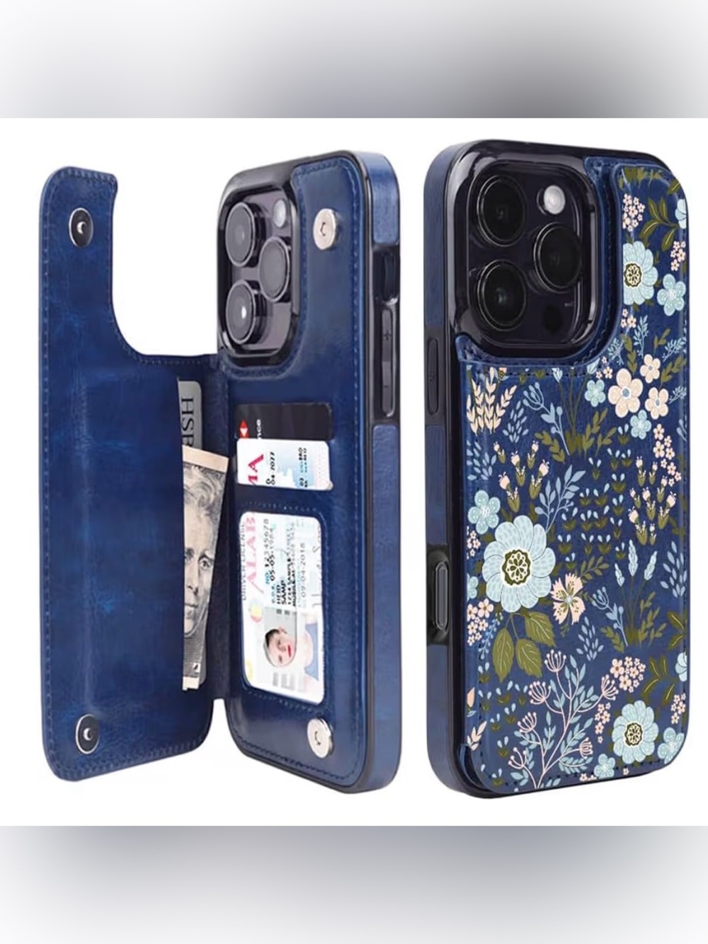 Blue Floral Wallet Phone Case with Card Slots and Magnetic Closure